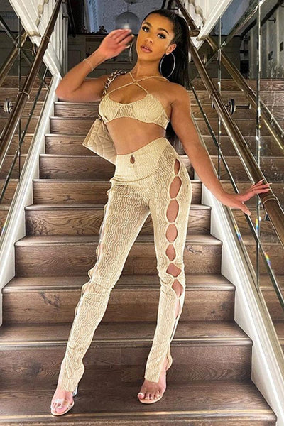 Beige 2pc Mesh Pants Halter Outfit - AMIClubwear