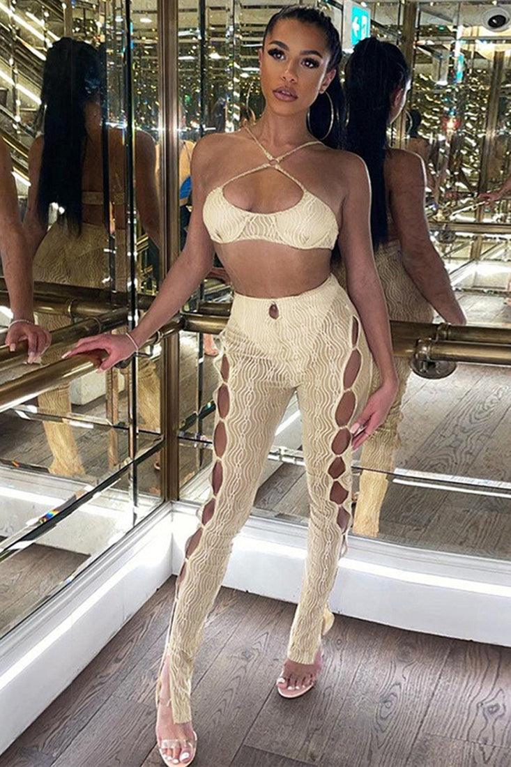 Beige 2pc Mesh Pants Halter Outfit - AMIClubwear