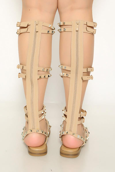 Beige Studded Knee High Back Zipper Gladiator Sandals Boots - AMIClubwear