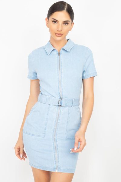 Belted Bodycon Collared Denim Dress - AMIClubwear