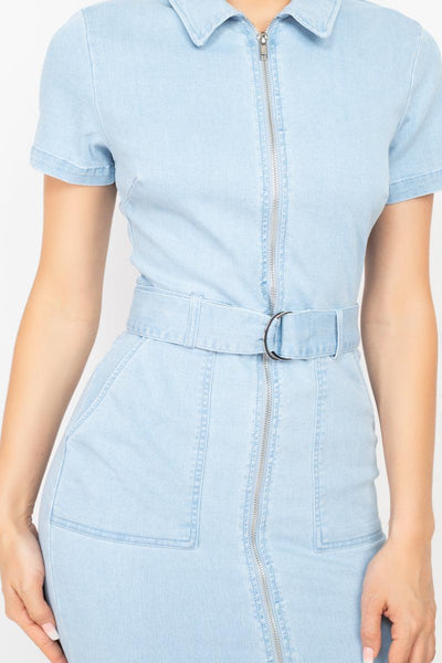 Belted Bodycon Collared Denim Dress - AMIClubwear