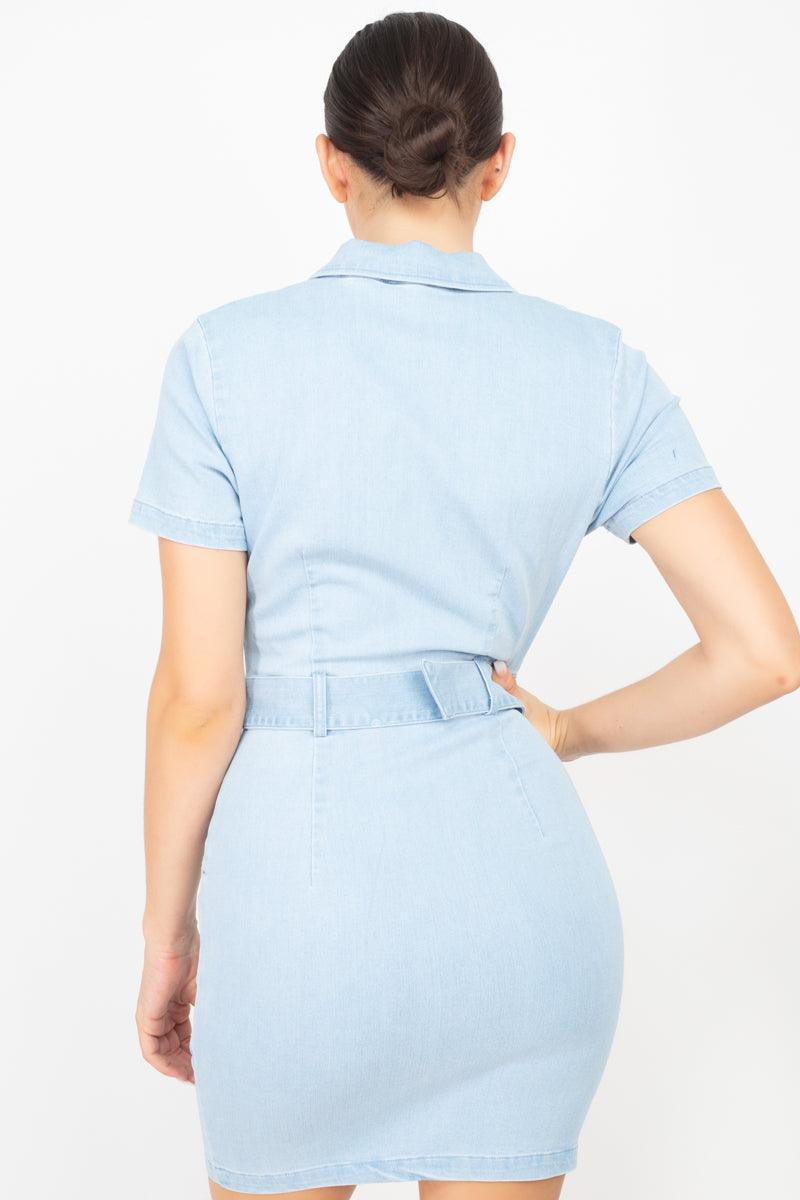 Belted Bodycon Collared Denim Dress - AMIClubwear