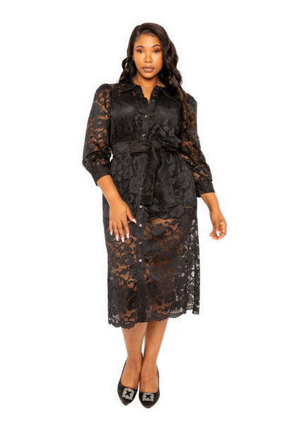 Belted Lace Shirt Dress - AMIClubwear