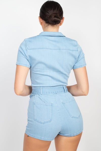 Belted Zip-up Denim Romper - AMIClubwear