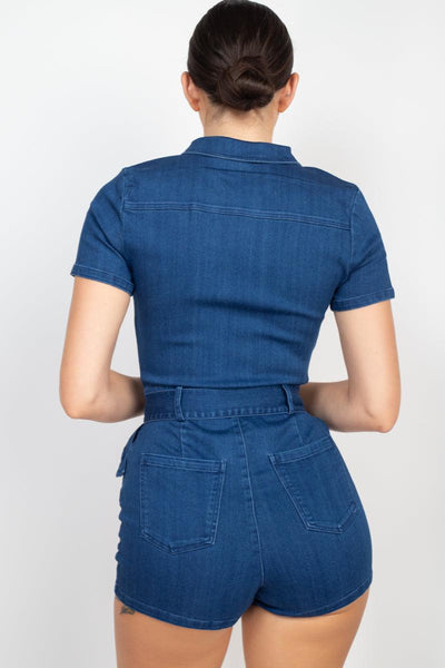 Belted Zip-up Denim Romper - AMIClubwear