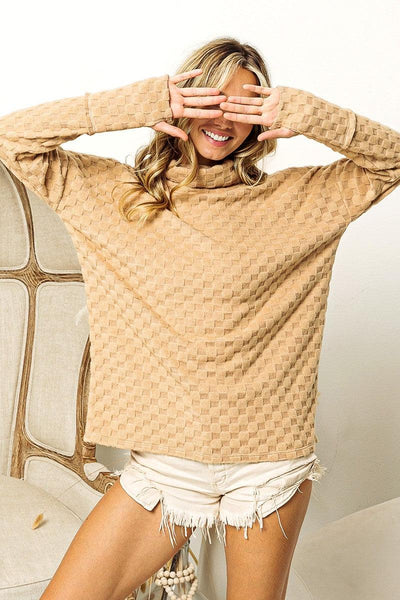 BiBi Checkered Round Neck Thumbhole Long Sleeve Top - AMIClubwear