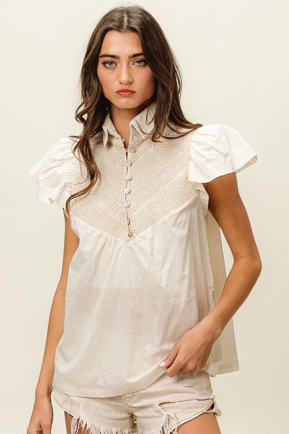 BiBi Half Button Collared Neck Short Sleeve Top - AMIClubwear