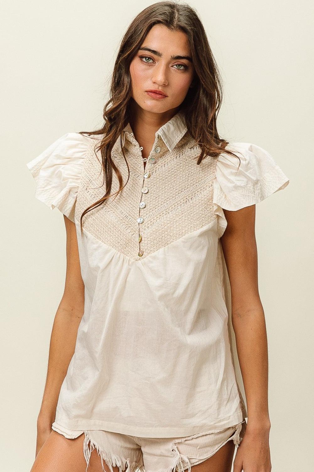 BiBi Half Button Collared Neck Short Sleeve Top - AMIClubwear