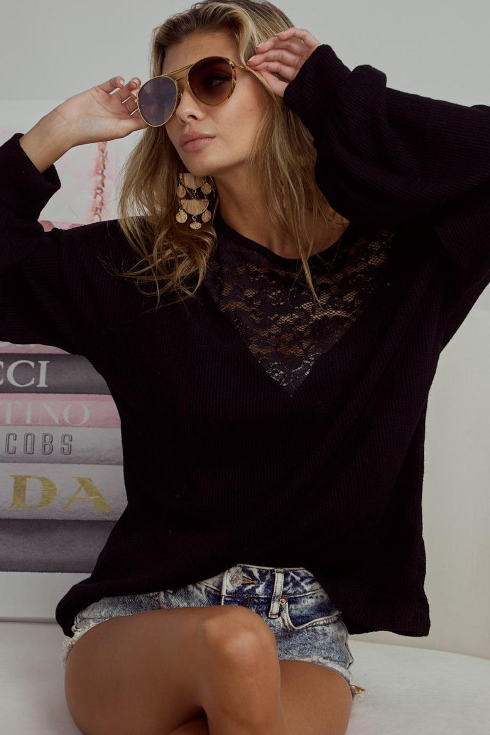BiBi Lace Detail Ribbed Long Sleeve Top - AMIClubwear
