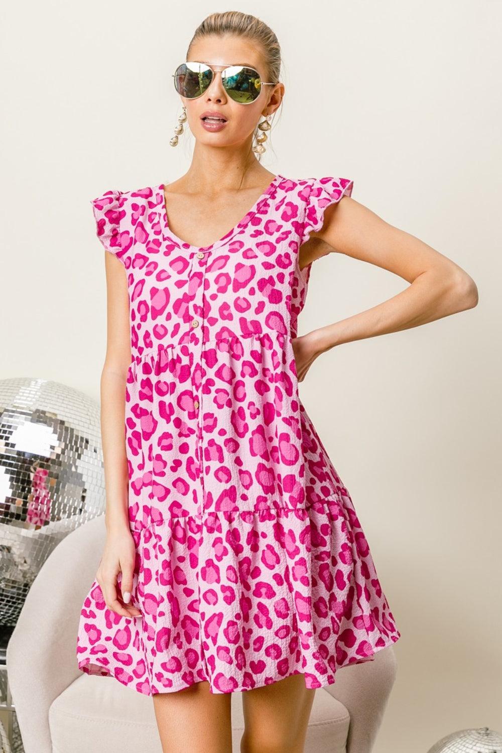 BiBi Leopard Cap Sleeve Tiered Mini Dress - AMIClubwear