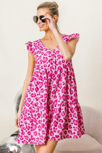 BiBi Leopard Cap Sleeve Tiered Mini Dress - AMIClubwear