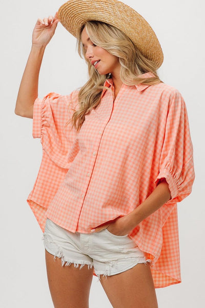 BiBi Plaid Button Up Dolman Sleeve Shirt - AMIClubwear