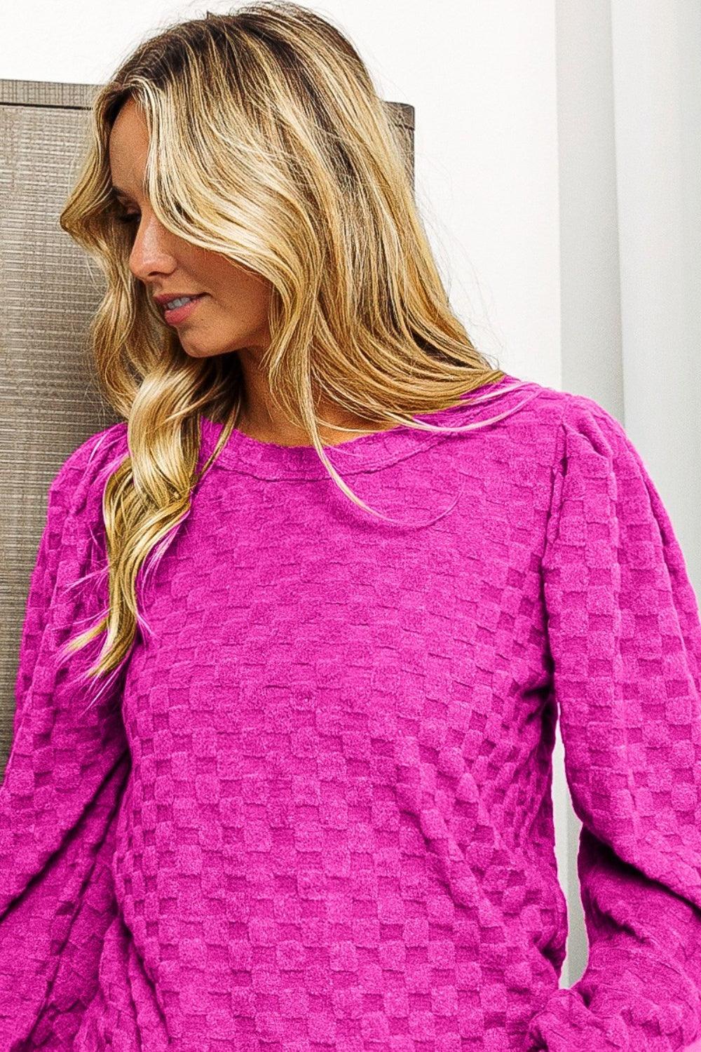 BiBi Round Neck Brushed Checker Top - AMIClubwear