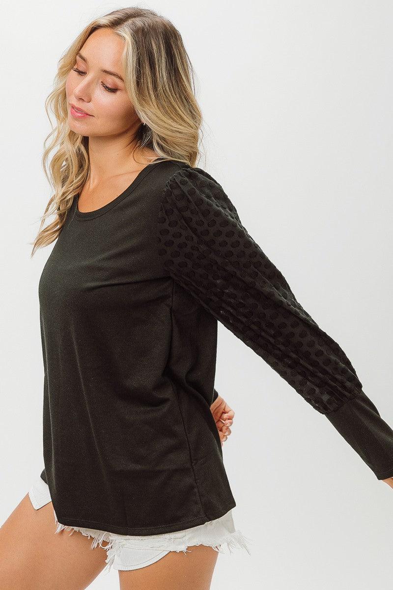 BiBi Round Neck Polka Dot Lantern Sleeve Top - AMIClubwear