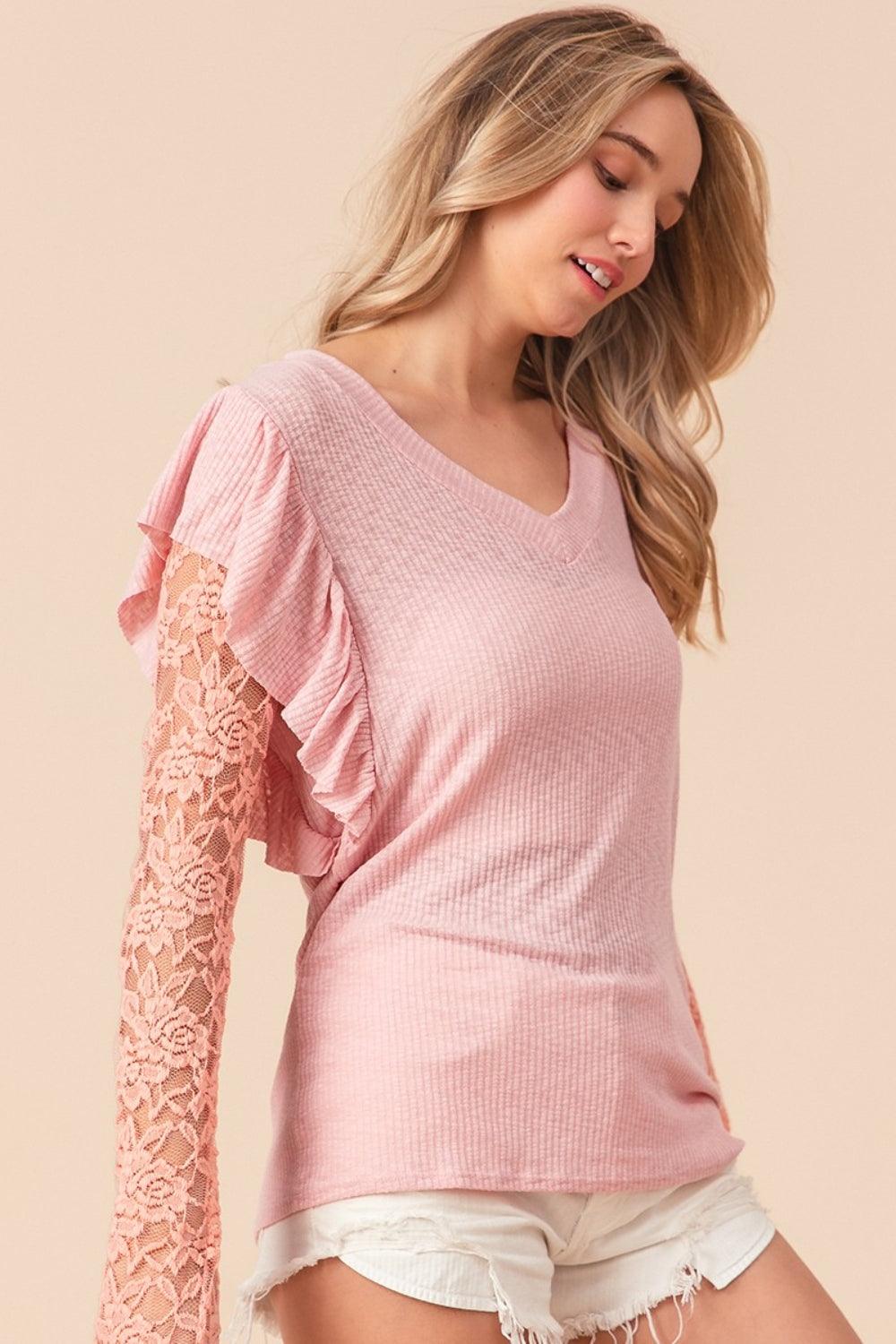 BiBi Ruffled Lace Sleeve Rib Knit Top - AMIClubwear