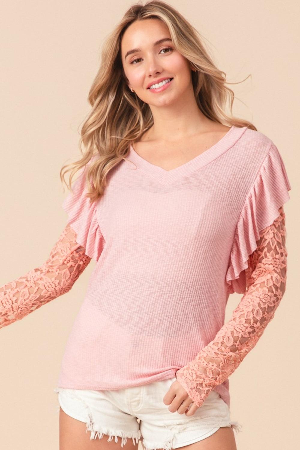 BiBi Ruffled Lace Sleeve Rib Knit Top - AMIClubwear