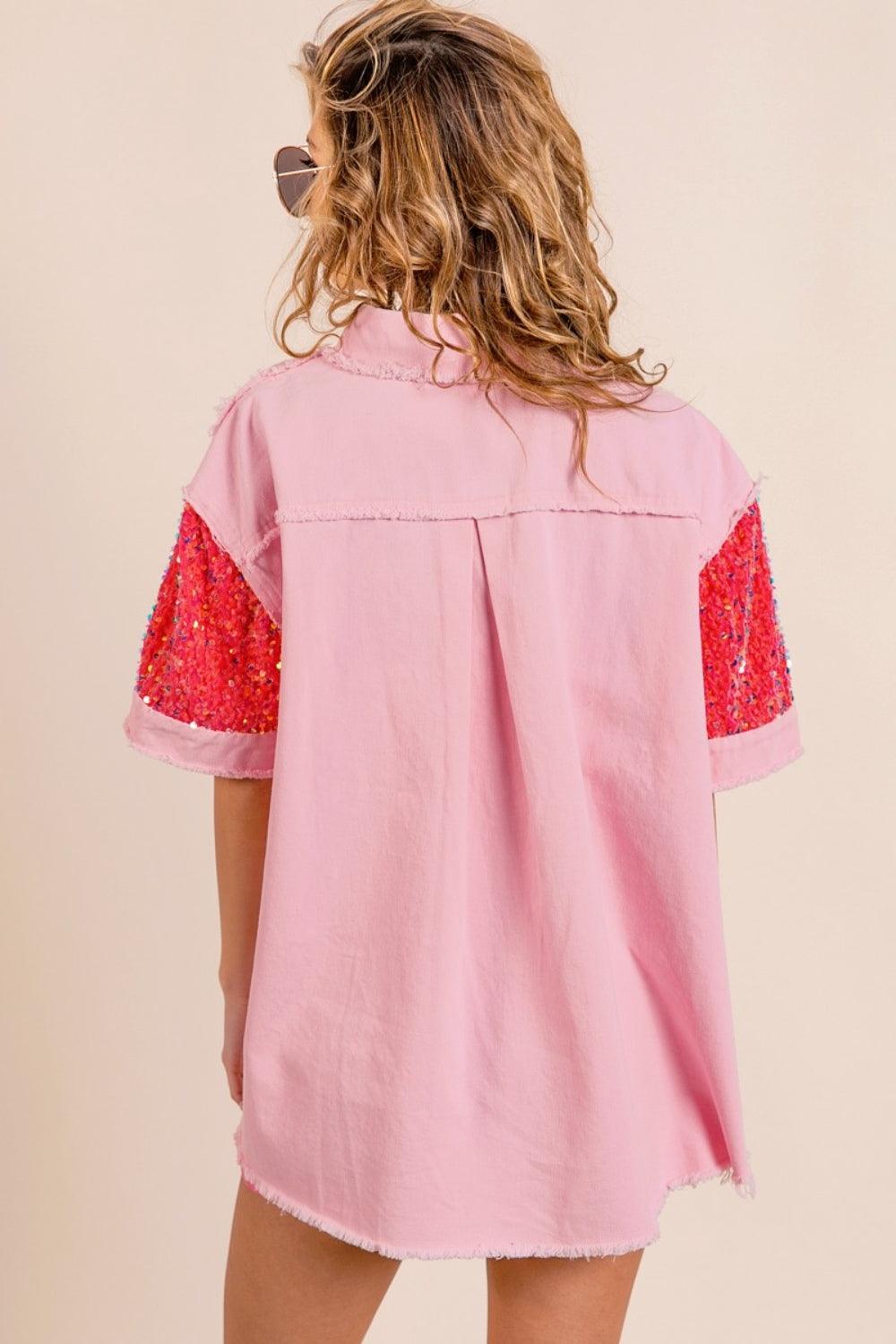 BiBi Sequin Detail Raw Hem Short Sleeve Shirt - AMIClubwear