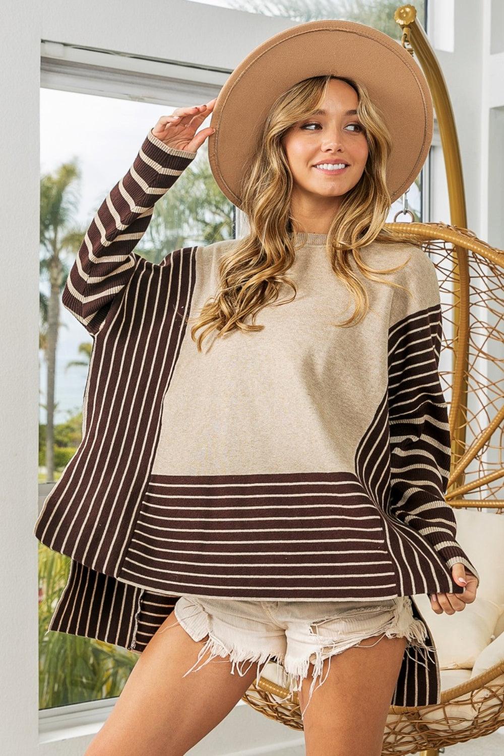 BiBi Striped Contrast Long Sleeve Slit Top - AMIClubwear