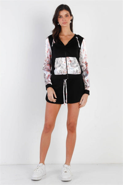 Black & Multi Color Print Colorblock Zip-up Hooded Top & Short Set - AMIClubwear