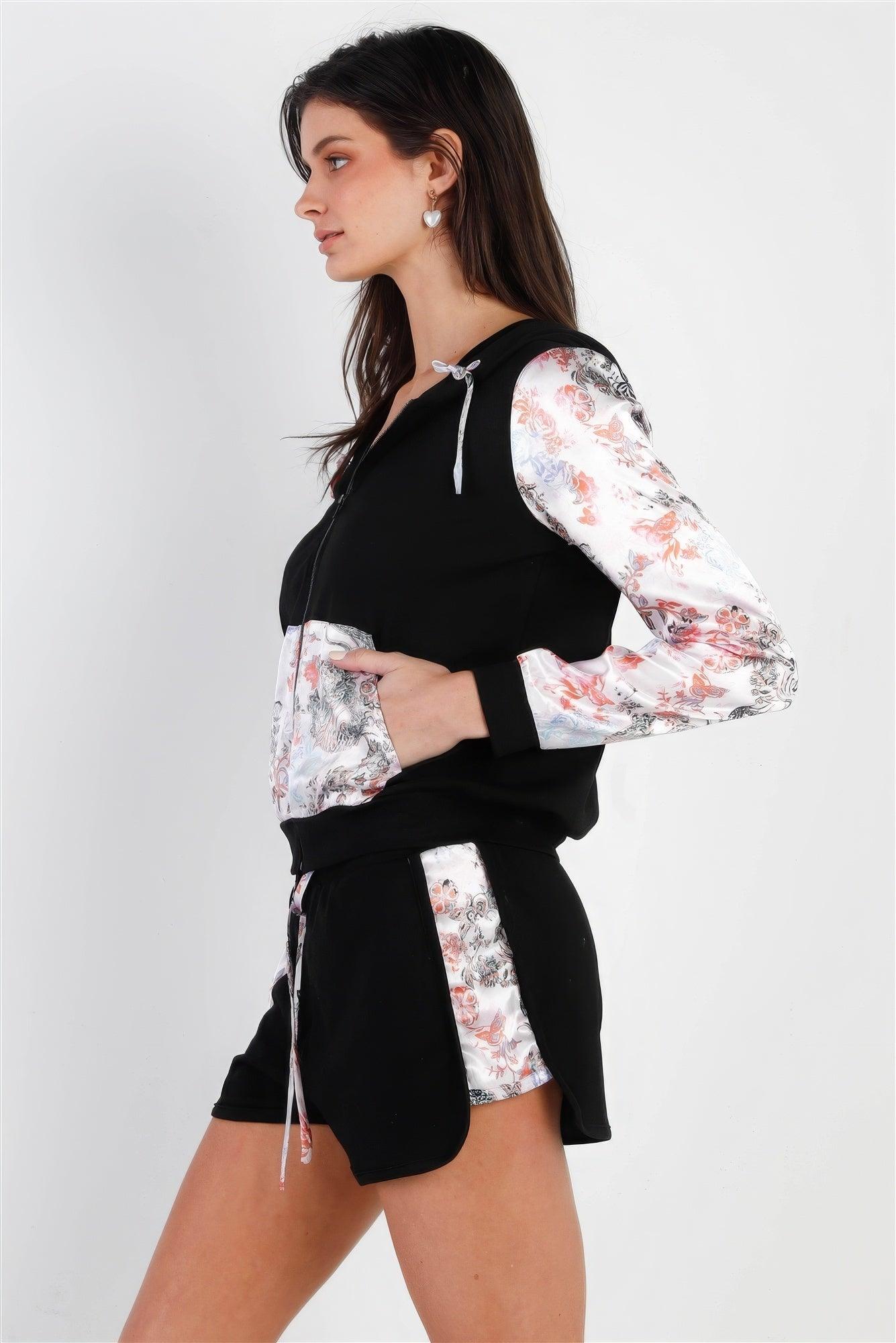 Black & Multi Color Print Colorblock Zip-up Hooded Top & Short Set - AMIClubwear