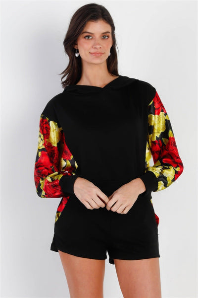 Black & Satin Effect Red & Lime Floral Print Hooded Top & Short Set - AMIClubwear