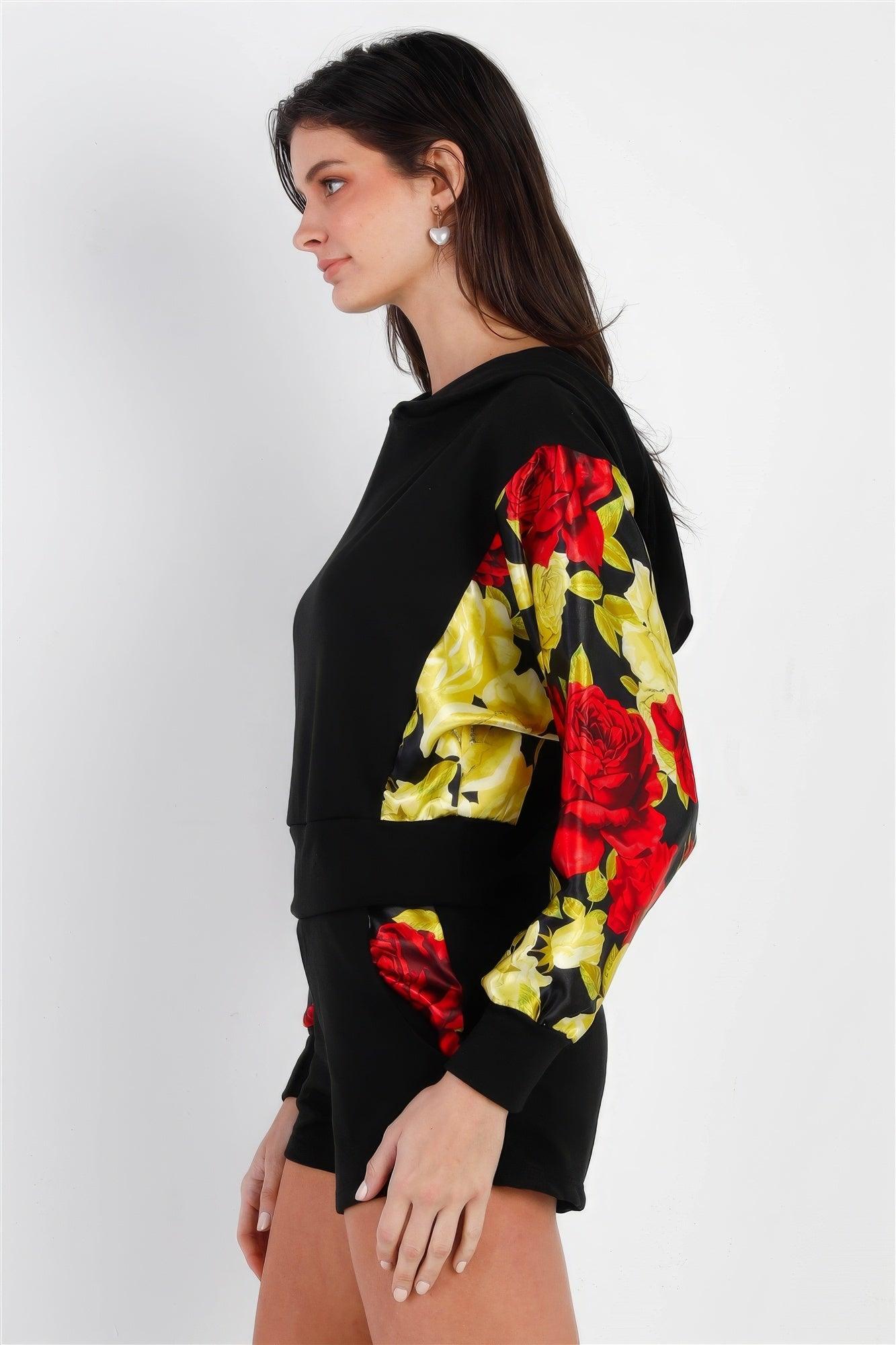 Black & Satin Effect Red & Lime Floral Print Hooded Top & Short Set - AMIClubwear