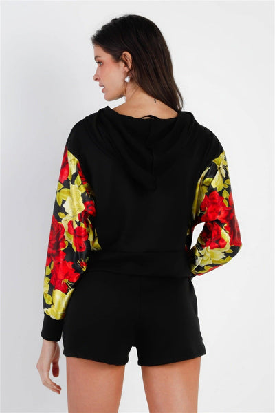 Black & Satin Effect Red & Lime Floral Print Hooded Top & Short Set - AMIClubwear