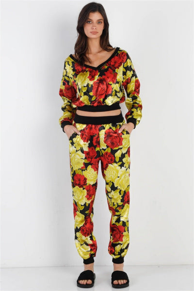 Black & Satin Effect Red & Lime Floral Print V-neck Top & Pants Set - AMIClubwear