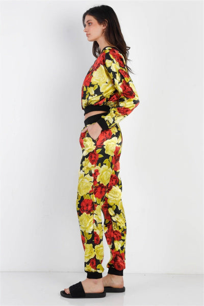 Black & Satin Effect Red & Lime Floral Print V-neck Top & Pants Set - AMIClubwear