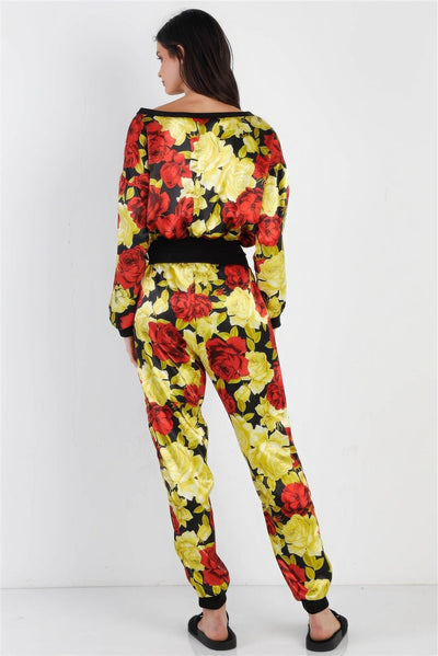 Black & Satin Effect Red & Lime Floral Print V-neck Top & Pants Set - AMIClubwear