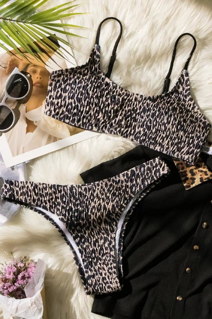 Black Beige Leopard Shirred Cheeky 2 Pc Sexy Swimsuit Set BikinI