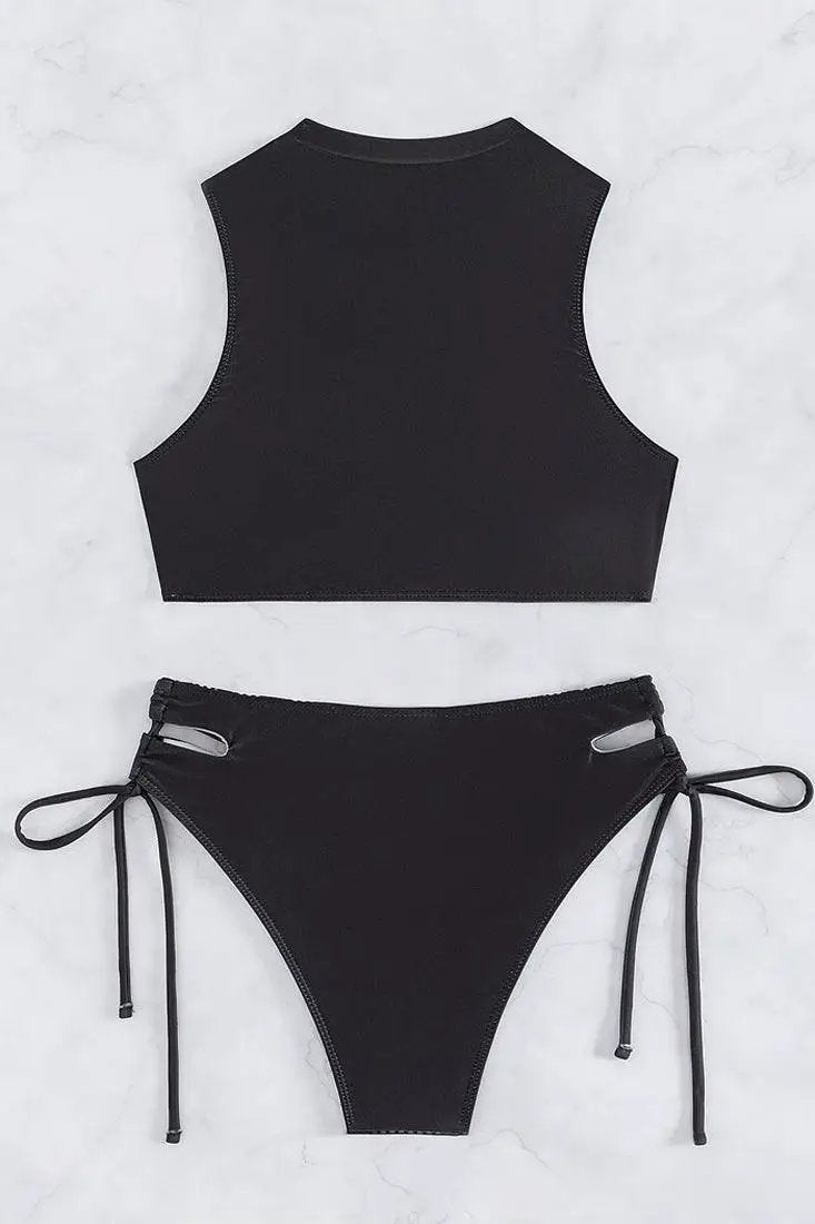 Black Body Contour Printed High Neck Cut-Out Bottom 2Pc Swimsuit Set