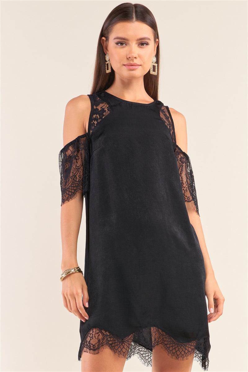 Black Cold Shoulder Lace Trim Back Button Up Mini Dress - AMIClubwear