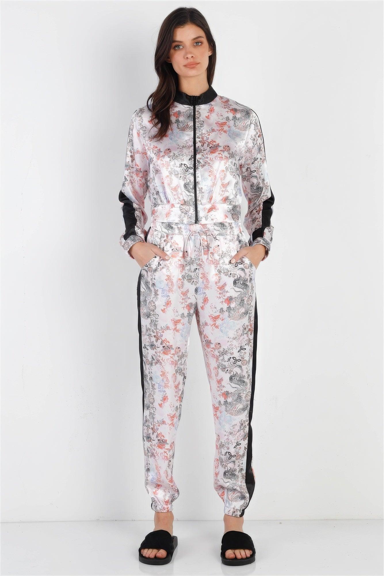 Black Contrast Satin Effect Multi Color Print Zip-up Jacket & Pants Set - AMIClubwear