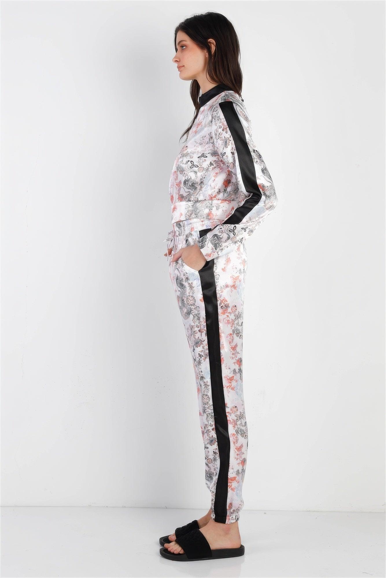 Black Contrast Satin Effect Multi Color Print Zip-up Jacket & Pants Set - AMIClubwear