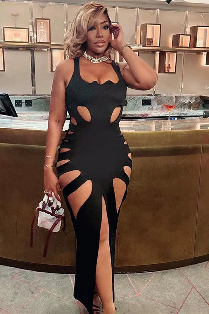 Black Cut Out High Slit Full Length Formal Dress – AMIClubwear Black Cut Out High Slit Full Length Formal Dress – AMIClubwear