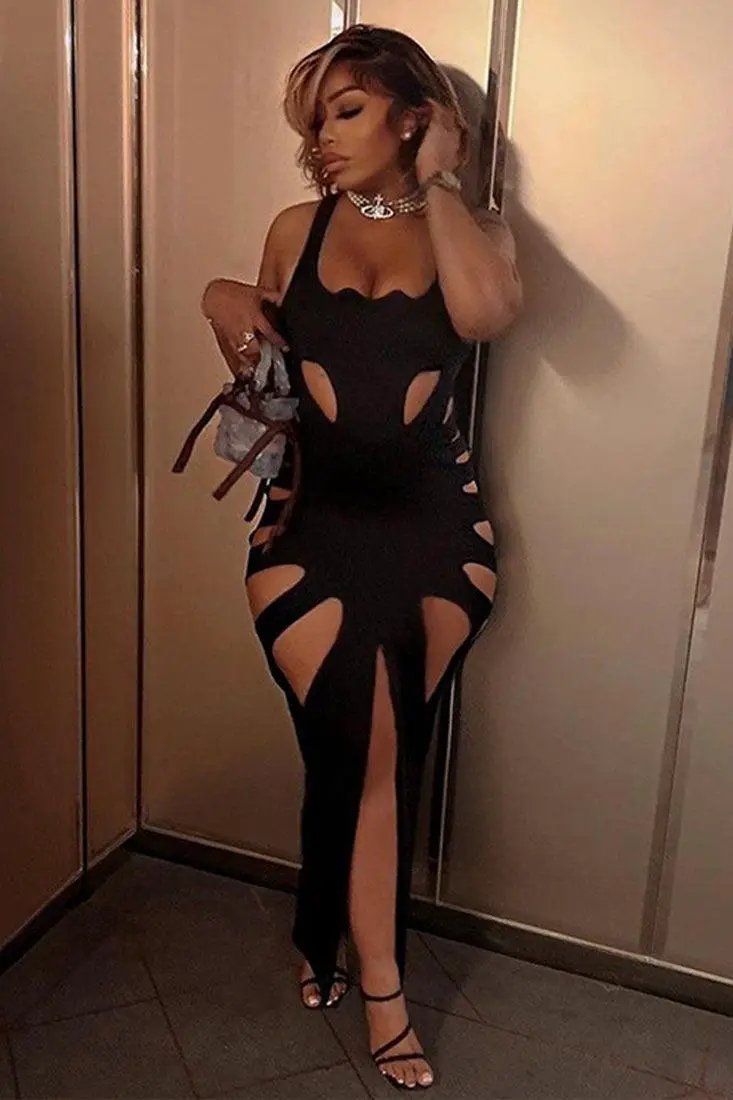 Black Cut Out High Slit Full Length Formal Dress