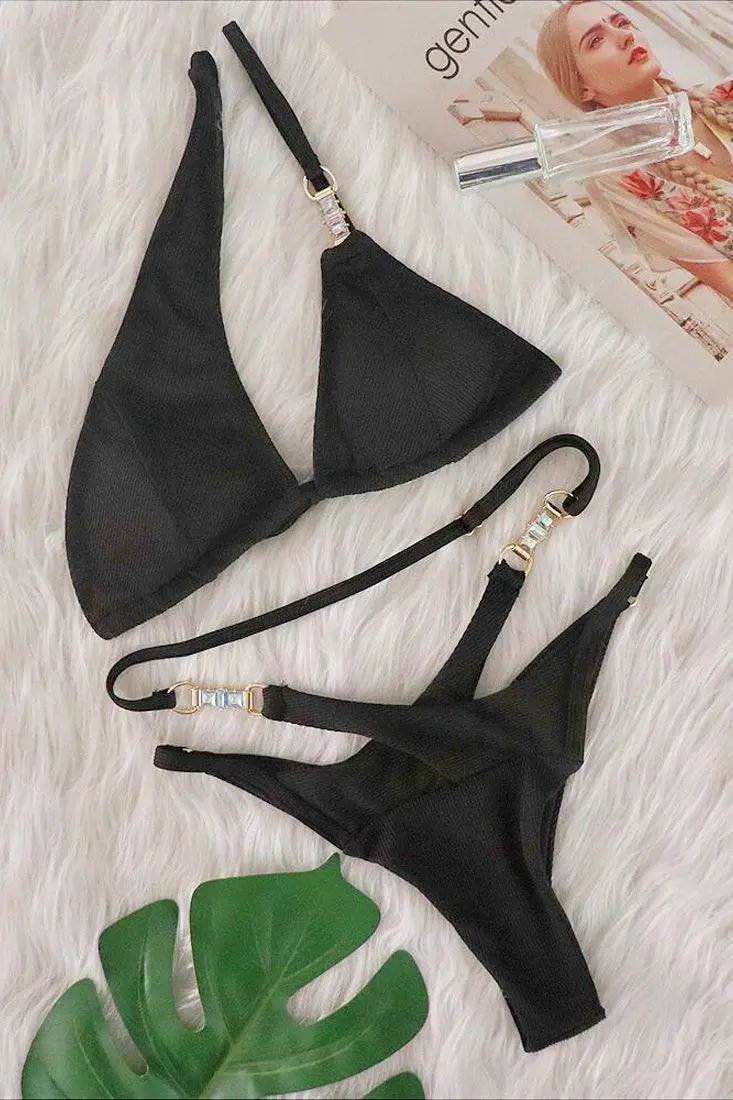 Black Designer Rhinestone Buckle One Shoulder Cut-Out Cheeky 2Pc Swimsuit Bikini