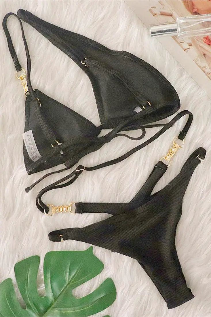 Black Designer Rhinestone Buckle One Shoulder Cut-Out Cheeky 2Pc Swimsuit Bikini