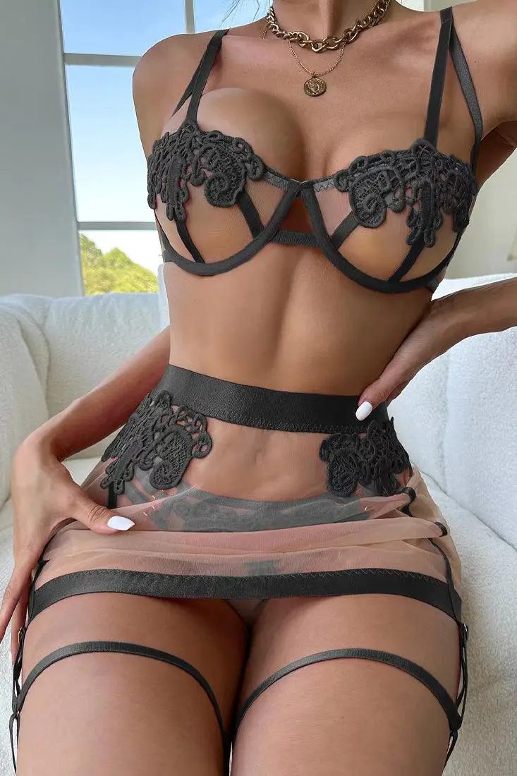 Black Embroider Nude Mesh Garter Bow Thong 3Pc Lingerie Set