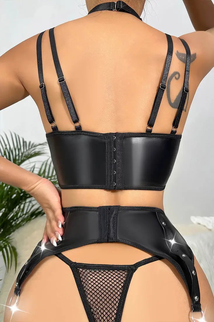 Black Faux Leather Netted Garter Corset Thong 4Pc Lingerie Set
