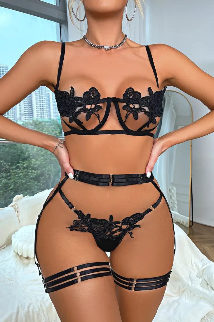 Black Floral Embroidered Strappy Wired Bra Thong Garter 5pc Lingerie Set