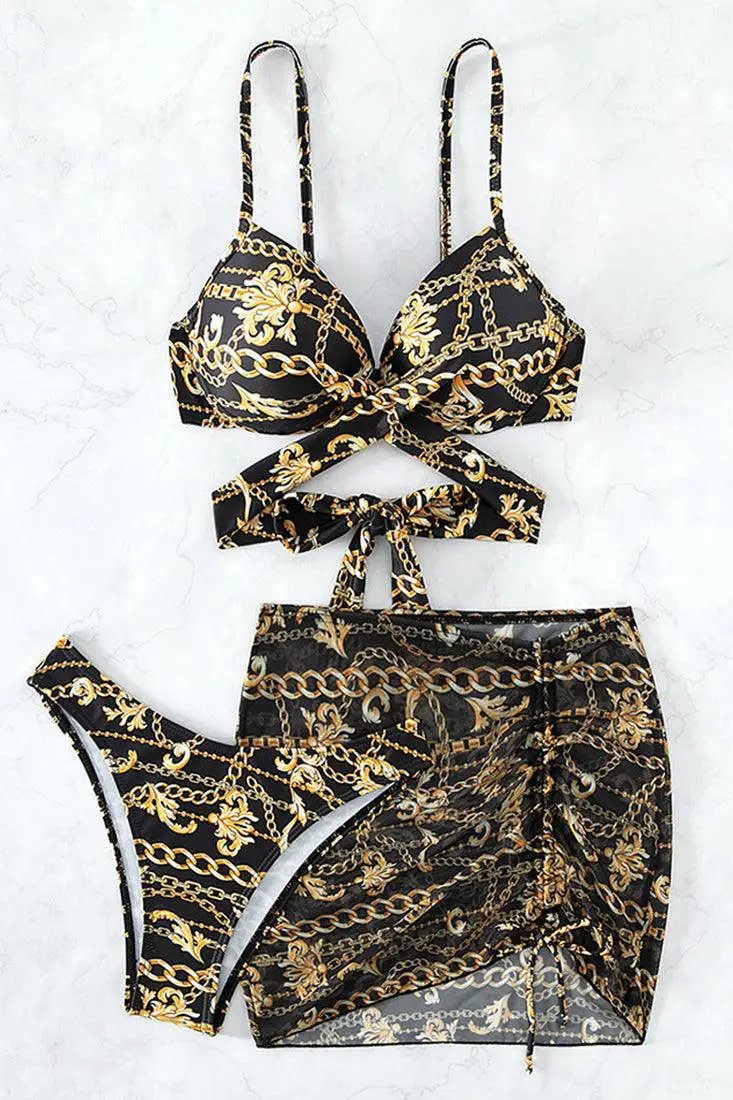 Black Gold Designer Print Push-Up Cheeky Mesh Cover-Up 3Pc Swimsuit