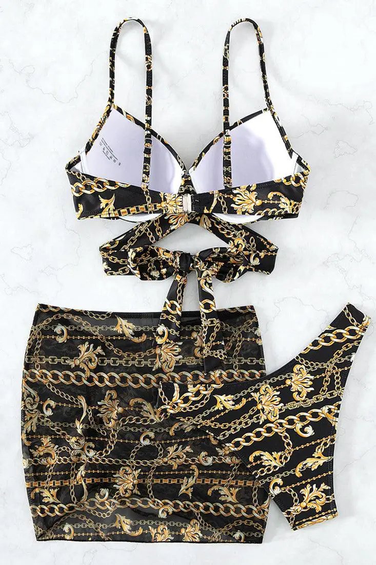Black Gold Designer Print Push-Up Cheeky Mesh Cover-Up 3Pc Swimsuit