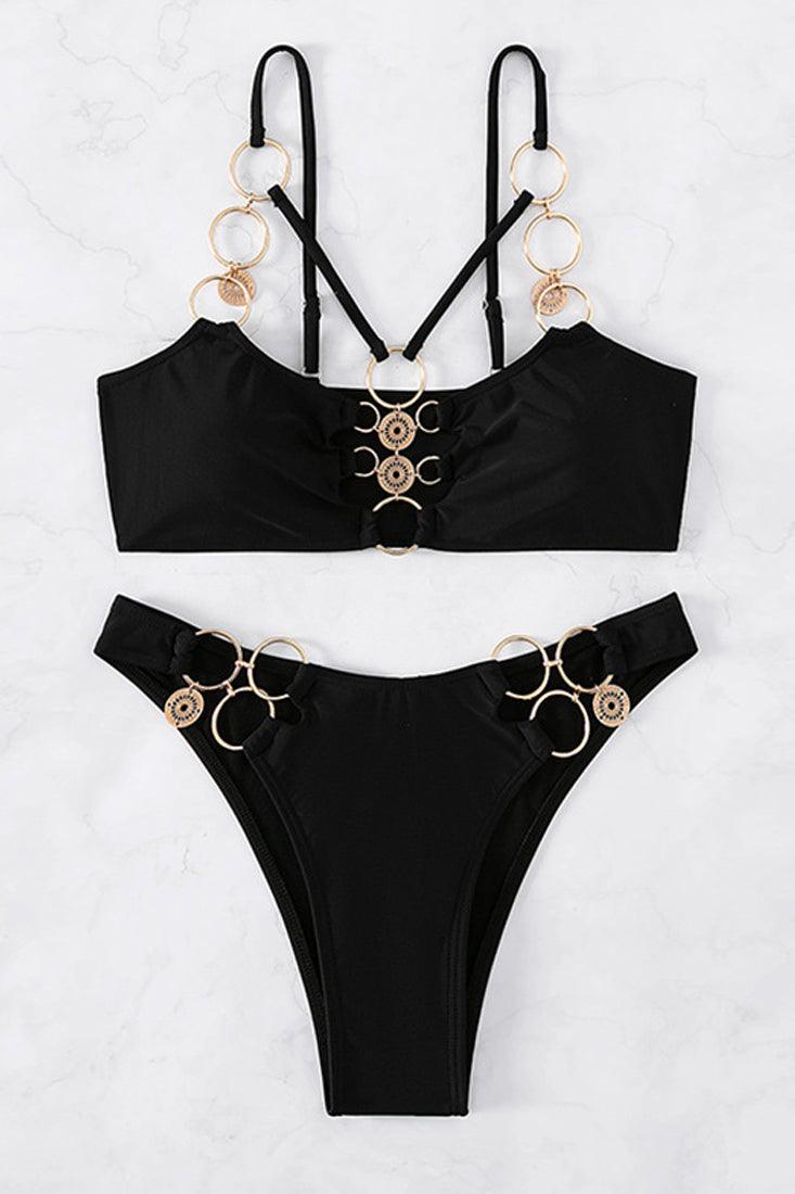 Black Gold Rings Decor Two Piece Swimsuit Bikini - AMIClubwear