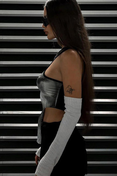 Black Grey Printed Body Contour Crop Top - AMIClubwear