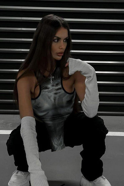 Black Grey Printed Body Contour Crop Top - AMIClubwear