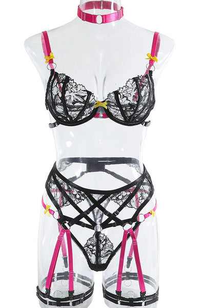 Black Hot Pink Sheer Lace Thong Garter 6Pc Lingerie Set - AMIClubwear