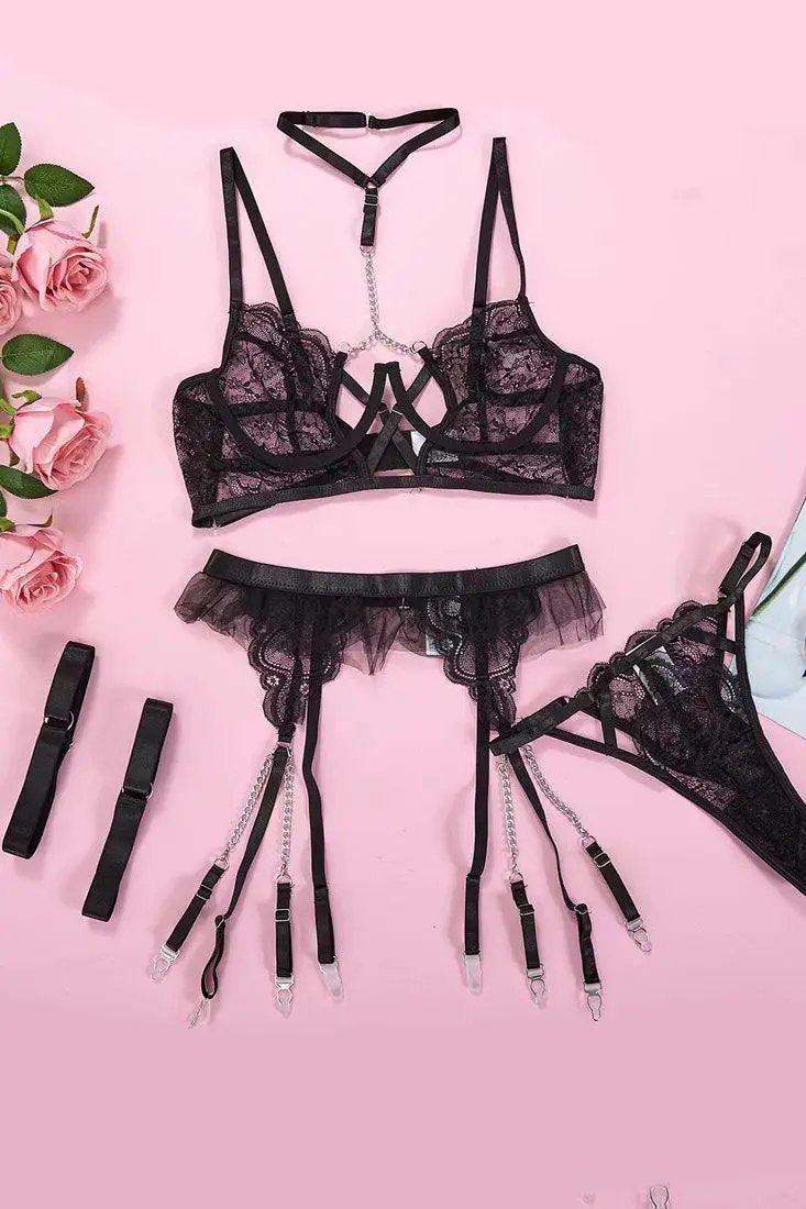 Black Lace Chain Chocker Thong Garter 5 Pc Lingerie Set