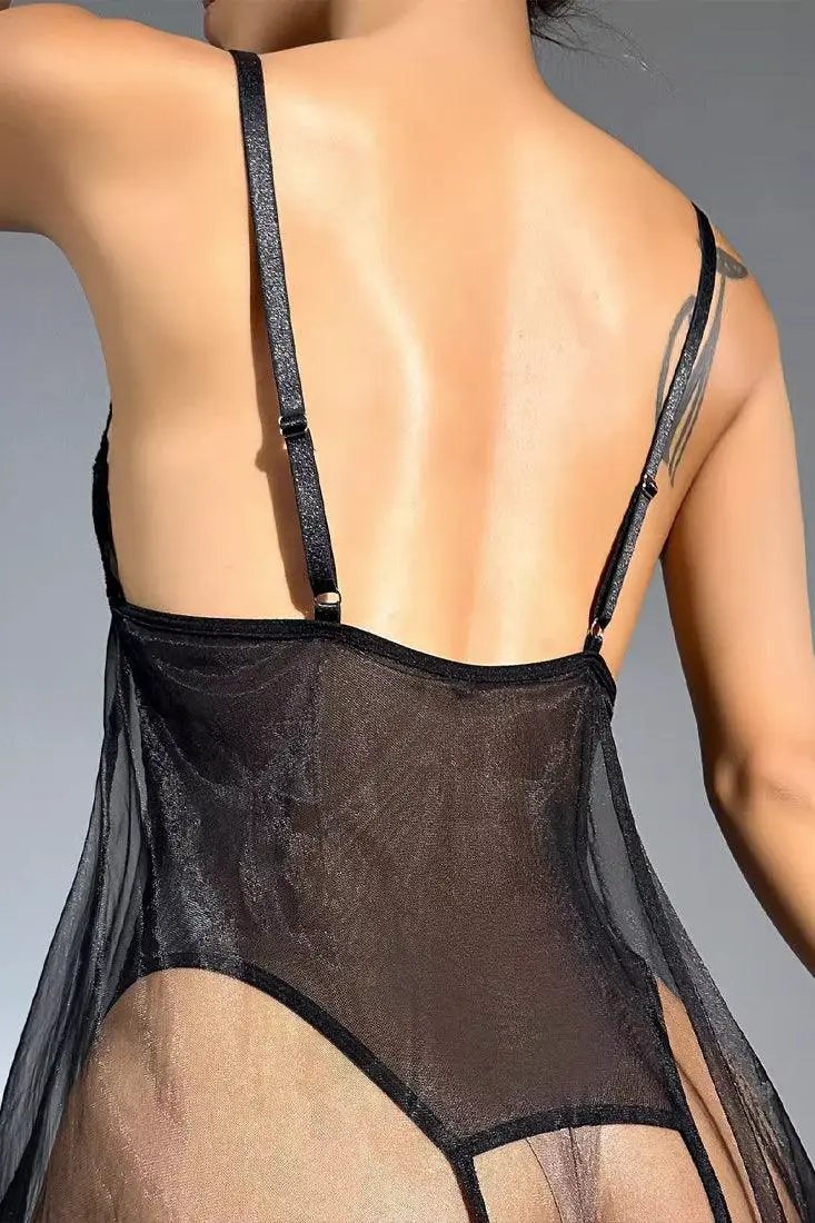 Black Lace Mesh Crotchless Thong Bodysuit Teddy Lingerie